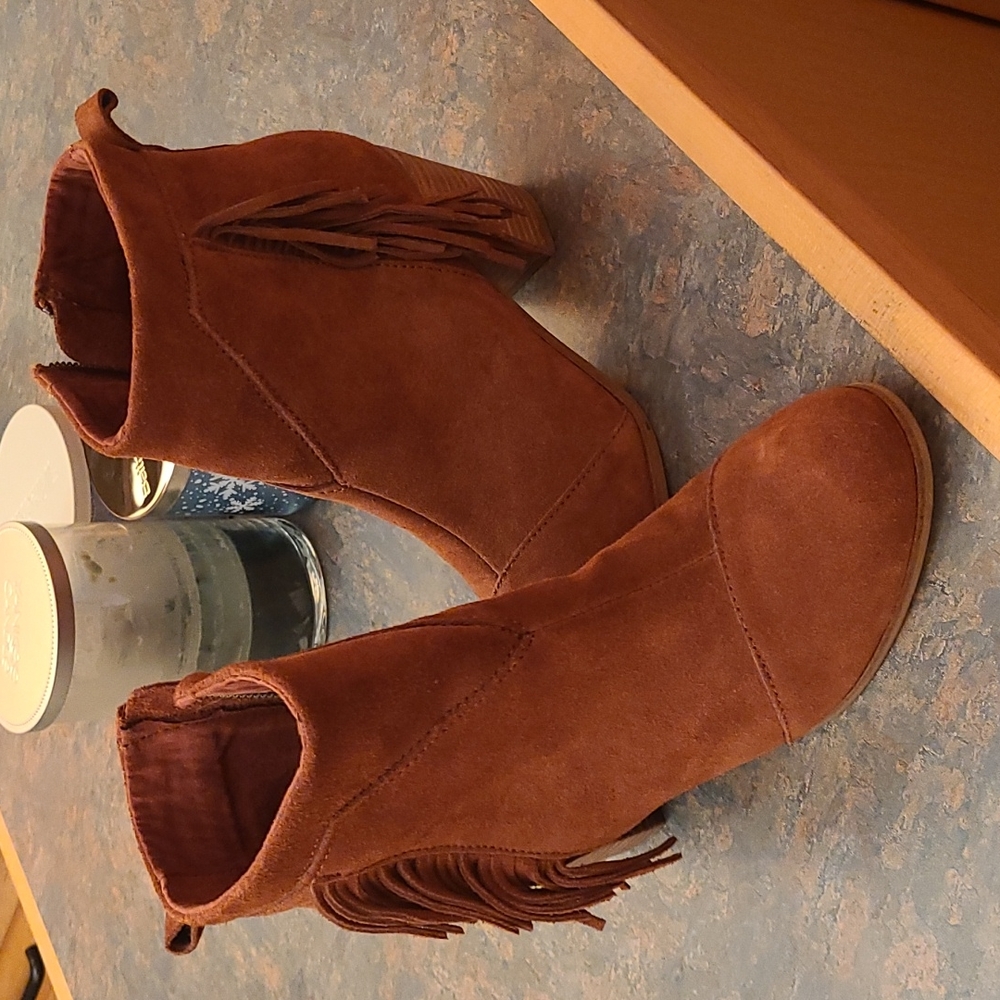 TOMS Suede Cognac Booties w/ Fringe